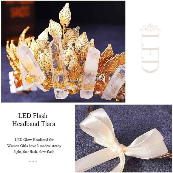 Light Up Fairy Queen Crown Gold Leaf LED Headpiece for Women Costume Festival